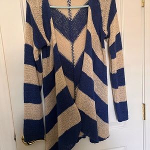 TCEC open front long cardigan diagonal stripes blue & beige sz L